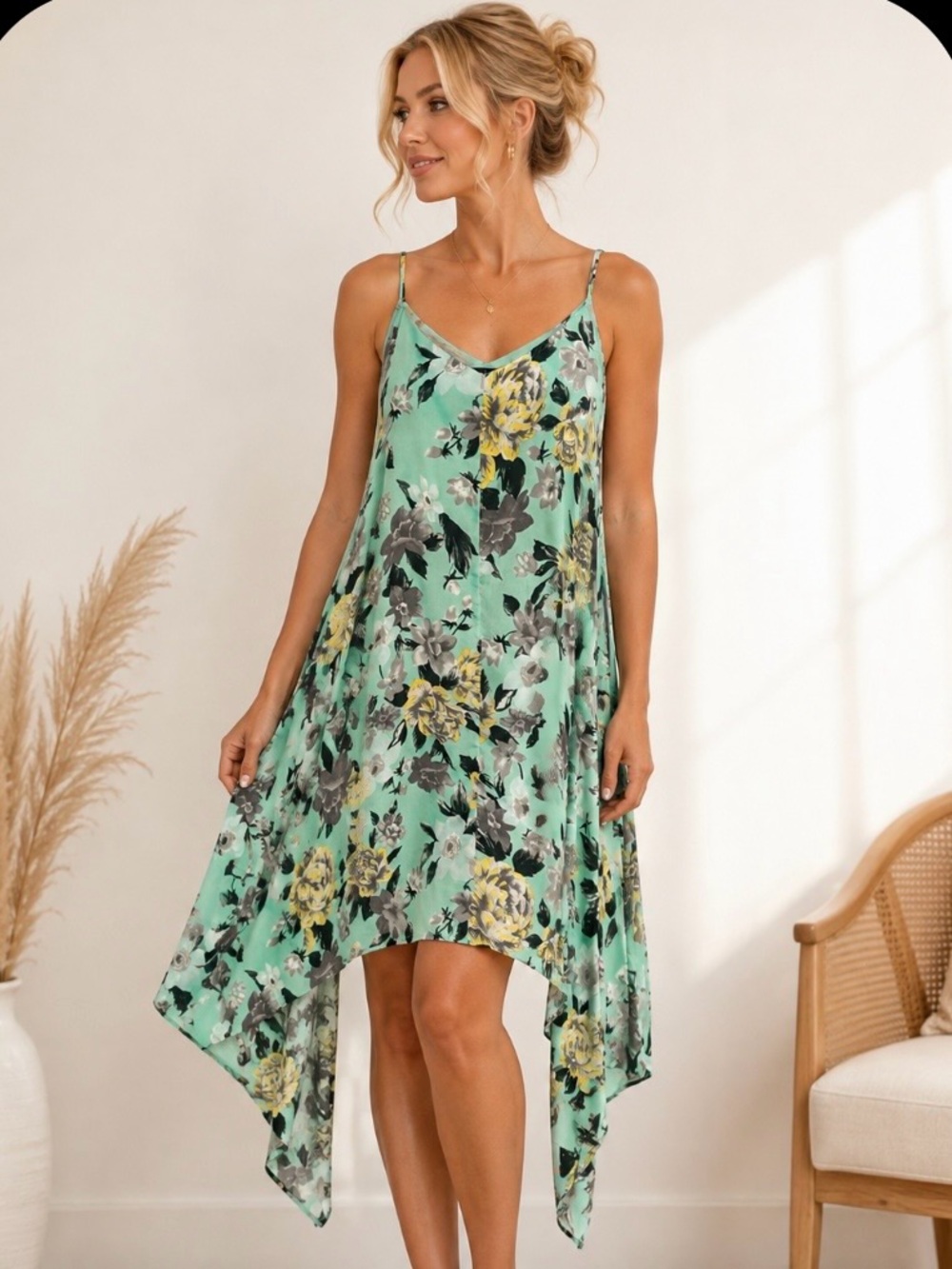 Design Lab Women’s Pastel Mint Floral
Asymmetric Handkerchief Hem Dress   Size L